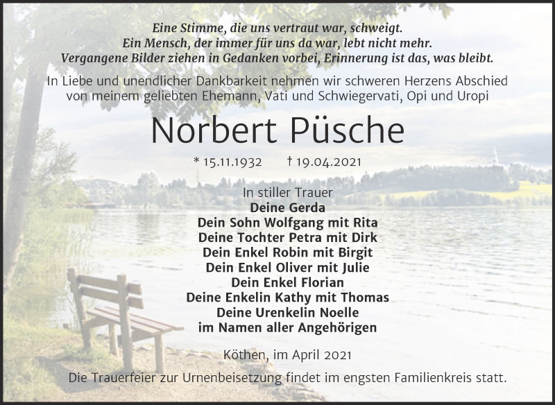  Traueranzeige für Norbert Püsche vom 29.04.2021 aus Trauerkombi Köthen