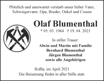 Traueranzeige von Olaf Blumenthal von Trauerkombi Sangerhausen