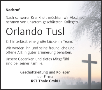 Traueranzeige von Orlando Tusl von Super Sonntag Quedlingburg