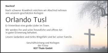 Traueranzeige von Orlando Tusl von Mitteldeutsche Zeitung Quedlingburg