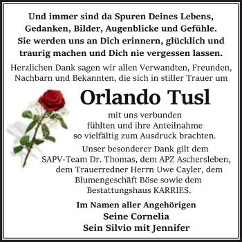 Traueranzeige von Orlando Tusl von Mitteldeutsche Zeitung Quedlingburg