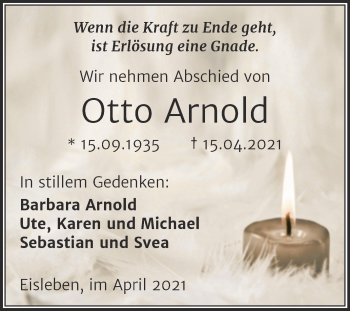 Traueranzeige von Otto Arnold von Mitteldeutsche Zeitung Mansfelder Land