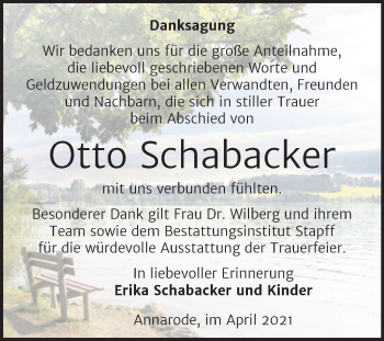 Traueranzeige von Otto Schabacker von Trauerkombi Mansfelder Land