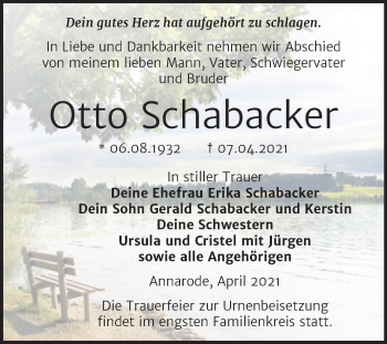 Traueranzeige von Otto Schabacker von Mitteldeutsche Zeitung Mansfelder Land