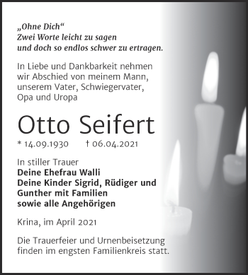 Traueranzeige von Otto Seifert von Mitteldeutsche Zeitung Bitterfeld