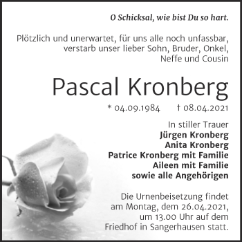 Traueranzeige von Pascal Kronberg von Mitteldeutsche Zeitung Sangerhausen