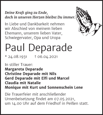 Traueranzeige von Paul Deparade von Mitteldeutsche Zeitung Halle/Saalkreis