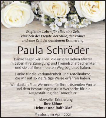 Traueranzeige von Paula Schröder von Mitteldeutsche Zeitung Bernburg