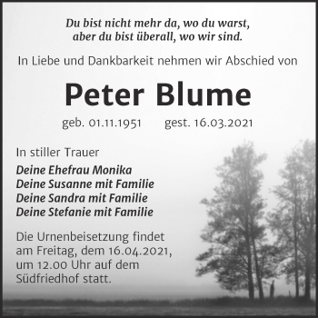 Traueranzeige von Peter Blume von Mitteldeutsche Zeitung Halle/Saalkreis