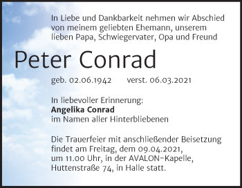 Traueranzeige von Peter Conrad von Mitteldeutsche Zeitung Halle/Saalkreis