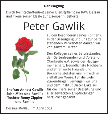 Traueranzeige von Peter Gawlik von Mitteldeutsche Zeitung Dessau-Roßlau
