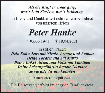 Traueranzeige von Peter Hanke von Mitteldeutsche Zeitung Aschersleben