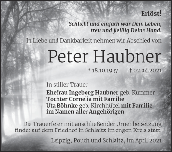 Traueranzeige von Peter Haubner von Mitteldeutsche Zeitung Bitterfeld