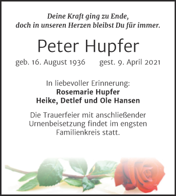 Traueranzeige von Peter Hupfer von Mitteldeutsche Zeitung Halle/Saalkreis