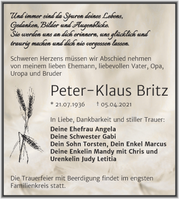 Traueranzeige von Peter-Klaus Britz von Mitteldeutsche Zeitung Bitterfeld