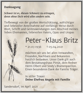 Traueranzeige von Peter-Klaus Britz von Mitteldeutsche Zeitung Bitterfeld