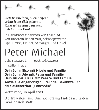 Traueranzeige von Peter Michael von Trauerkombi Sangerhausen