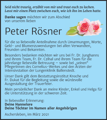 Traueranzeige von Peter Rösner von Mitteldeutsche Zeitung Aschersleben