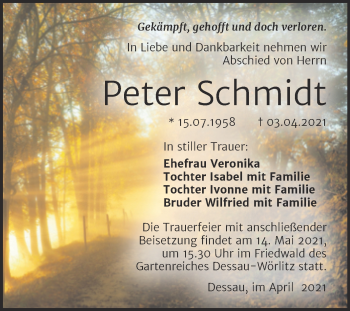 Traueranzeige von Peter Schmidt von Mitteldeutsche Zeitung Dessau-Roßlau