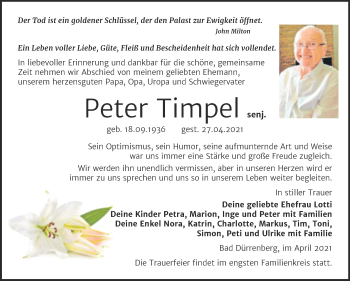Traueranzeige von Peter Timpel von Trauerkombi Merseburg