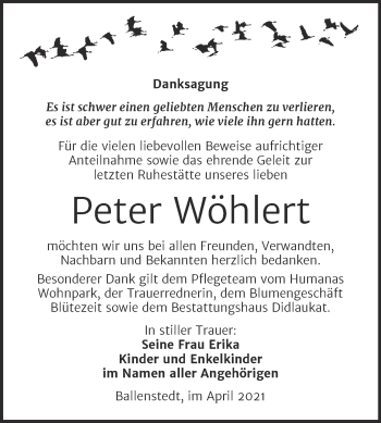 Traueranzeige von Peter Wöhlert von Mitteldeutsche Zeitung Quedlingburg
