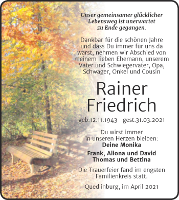 Traueranzeige von Rainer Friedrich von Mitteldeutsche Zeitung Quedlingburg