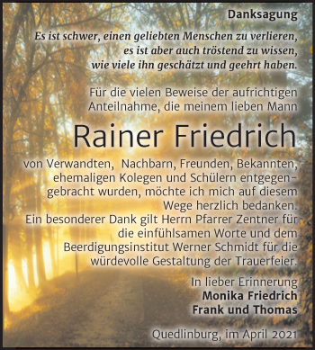 Traueranzeige von Rainer Friedrich von Mitteldeutsche Zeitung Quedlingburg