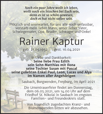 Traueranzeige von Rainer Kaptur von Wochenspiegel Naumburg/Nebra