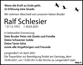 Traueranzeige von Ralf Schlesier von Mitteldeutsche Zeitung Zeitz