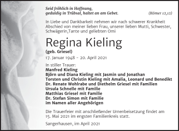 Traueranzeige von Regina Kieling von Trauerkombi Sangerhausen