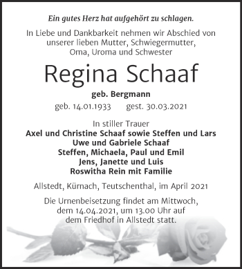 Traueranzeige von Regina Schaaf von Mitteldeutsche Zeitung Sangerhausen