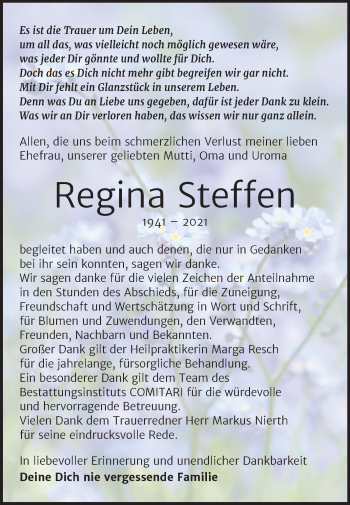 Traueranzeige von Regina Steffen von Mitteldeutsche Zeitung Zeitz