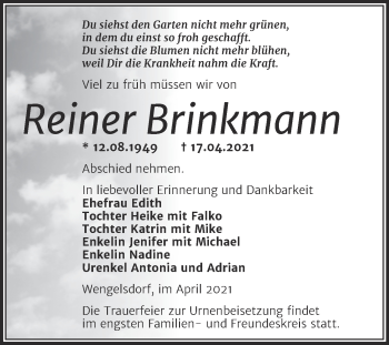 Traueranzeige von Reiner Brinkmann von Mitteldeutsche Zeitung Weißenfels