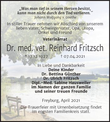 Traueranzeige von Reinhard Fritzsch von Super Sonntag Naumburg/Nebra