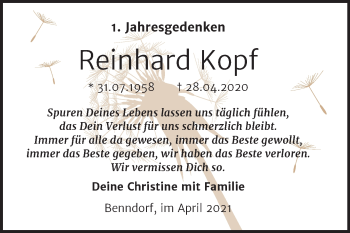 Traueranzeige von Reinhard Kopf von Mitteldeutsche Zeitung Mansfelder Land