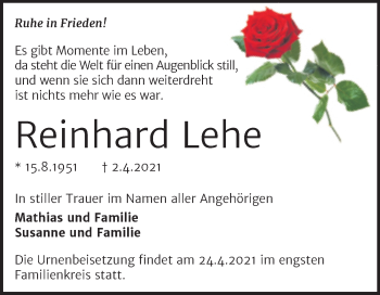 Traueranzeige von Reinhard Lehe von Mitteldeutsche Zeitung Bernburg
