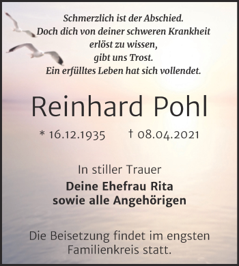 Traueranzeige von Reinhard Pohl von Mitteldeutsche Zeitung Bitterfeld