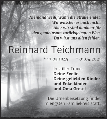 Traueranzeige von Reinhard Teichmann von Mitteldeutsche Zeitung Wittenberg