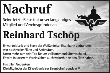 Traueranzeige von Reinhard Tschöp von Wochenspiegel Weißenfels