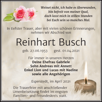Traueranzeige von Reinhart Busch von Super Sonntag Merseburg/Querfurt