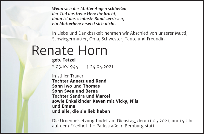  Traueranzeige für Renate Horn vom 30.04.2021 aus Trauerkombi Bernburg