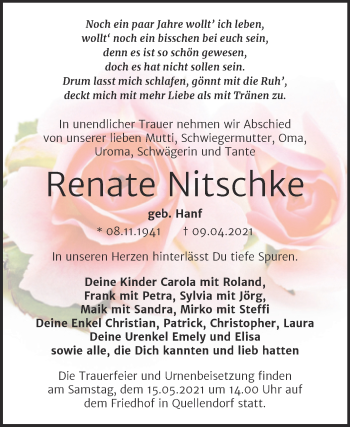 Traueranzeige von Renate Nitschke von Mitteldeutsche Zeitung Köthen