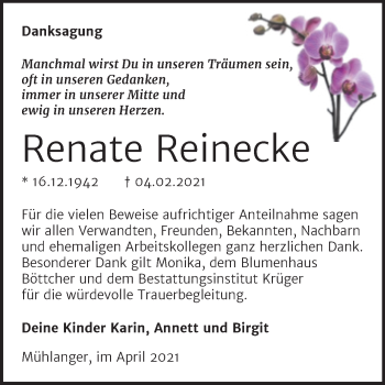 Traueranzeige von Renate Reinecke von Mitteldeutsche Zeitung Wittenberg