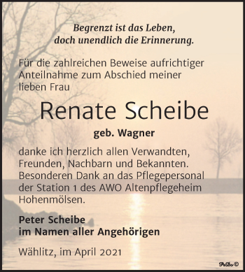 Traueranzeige von Renate Scheibe von Mitteldeutsche Zeitung Weißenfels