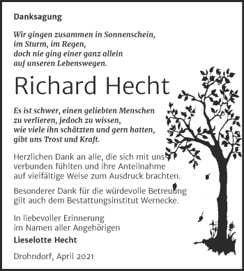 Traueranzeige von Richard Hecht von Mitteldeutsche Zeitung Aschersleben