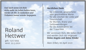 Traueranzeige von Roland Hettwer von Mitteldeutsche Zeitung Köthen