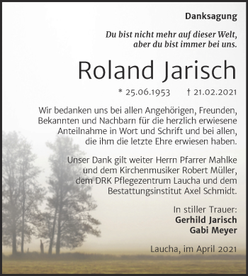 Traueranzeige von Roland Jarisch von Mitteldeutsche Zeitung Naumburg/Nebra