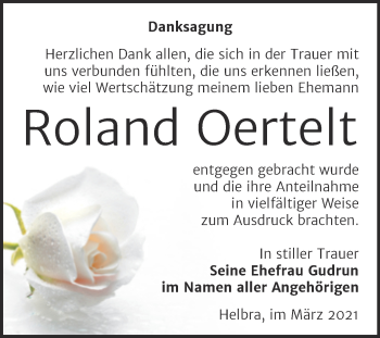 Traueranzeige von Roland Oertelt von Mitteldeutsche Zeitung Mansfelder Land