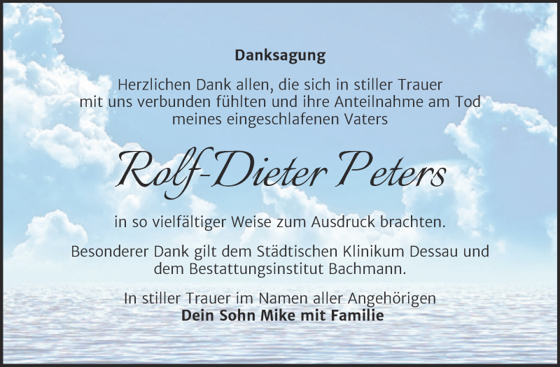  Traueranzeige für Rolf-Dieter Peters vom 10.04.2021 aus Mitteldeutsche Zeitung Dessau-Roßlau