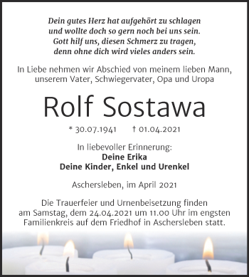 Traueranzeige von Rolf Sostawa von Mitteldeutsche Zeitung Aschersleben
